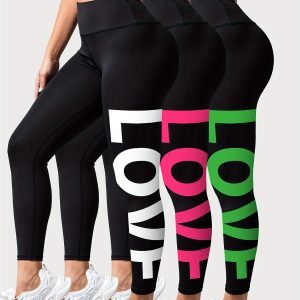 3-Pack "Love" Lettering High-Waist Gym Leggings
