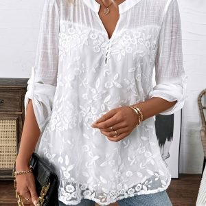 Camisa Bordada V-Neck Elegante - Renda & Patchwork Mesh