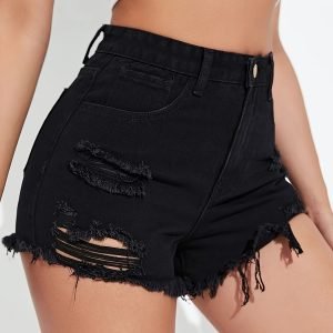 Women's Frayed Ripped Denim Shorts - Black Distressed Style