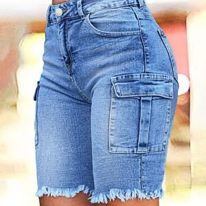 Large Size Imitation Old Blue Raw Edge Trouser Leg Tooling Flip Side Pocket Denim Cropped Pants Slim Retro Street Style High Waist Jeans Simple Fashion Spring And Summer Plus Size Denim Shorts