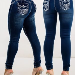 Plus Size Women's High-Waisted Stretchy Skinny Denim Pants - Blue, Exquisite Pattern Embroidery On Back Pockets, Comfortable Durable & Stylish, Minimalist Retro, Suitable For All Seasons & Daily Commute