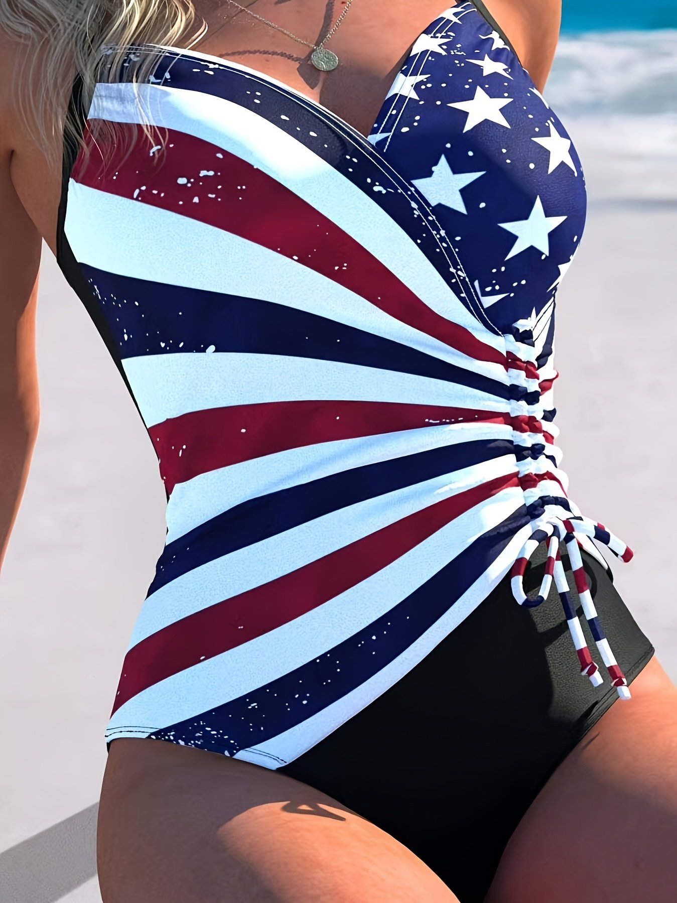 American Flag Print Drawstring Swimsuit View 1