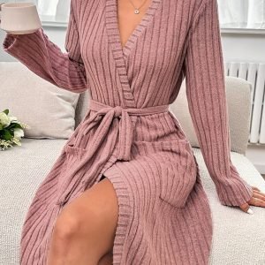 Solid Color Elegant Style V-Neck Belt Ribbed Banded Bathrobe