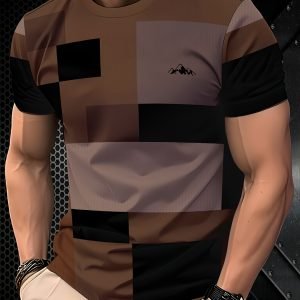 Men'S Casual T-Shirt Fashion with Coffee Checkered Pattern