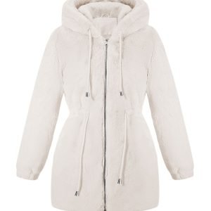 Women's Autumn/Winter Solid Color Faux Jacket with Drawstring Waist and Hood