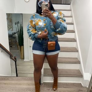 Women'S Cropped Bomber Jacket with Floral Design, Button-Up, Varsity Style, Long Sleeves, Casual Streetwear for Fall And Winter