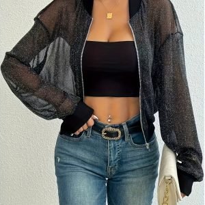Women's Lightweight Mesh See-Through Bomber Jacket with Zipper - Breathable Sun Protective Cover-Up, Stylish & Versatile Outerwear for Casual, Outdoor, Summer