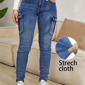 Plus Size - Women'S Plus Size High-Waist Stretchy Skinny Jeans with Pockets - Dark Blue Casual Tight Pants, Comfortable And Stylish for Casual Attire, High Waisted Jeans, Comfortable Clothing, Minimalist Design, Smooth Texture