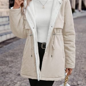 Women's Hooded Zip-Up Drawstring Waist Trench Coat Thickened Padded Jacket Lined Warm Autumn/Winter
