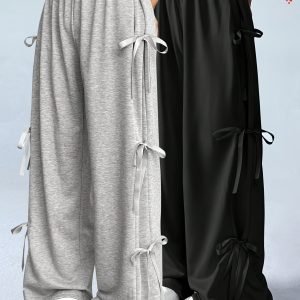 Women's Sweet Bow Wide-Leg Sweatpants Set - Lovely 2-Piece Casual Suit