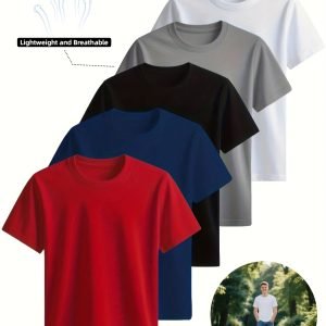 5pcs Men's Breathable Stretchable Sports T-Shirts - 100% Polyester Round Neck Short Sleeve Gym Tees Suitable for Running, Fitness Training, Casual Wear, Machine Washable Athletic Shirts with Regular Fit for Workout & Everyday Use