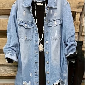 Plus Size Women's 2026 New Vintage Distressed Denim Jacket, Long Sleeves, Asymmetrical Hem, Classic Neckline And Frayed Edge Details, All-season Machine Washable Casual Jacket, European And American Casual Hole Loose Top