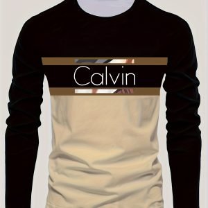 Men'S Long Sleeve T-Shirt Black to Brown Gradient Design with "CALVIN" Letter Print, Elastic Comfortable Fit, Suitable for Casual And Formal Wear, Spring Fall Essential - CALVIN Clothing, Spring Fall Top, Modern Casual Tee, Smooth Texture Shirt