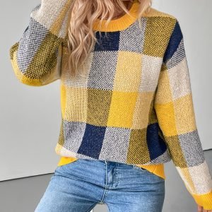 Women's Elegant Plaid Turtleneck Sweater - Retro Casual Knit Top