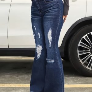 Sexy Denim Women's High Stretch Flare Leg Jeans with Raw Hem Detail, All-Season Comfort Fit Bell Bottoms, 65% Polyester 35% Polyamide, Woven Fabric