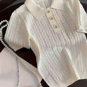 French High-End Ice Polo Shirt Women'S Summer Chic Thin Unique Jacquard Short Sleeve Loose T-Shirt Women'S Top