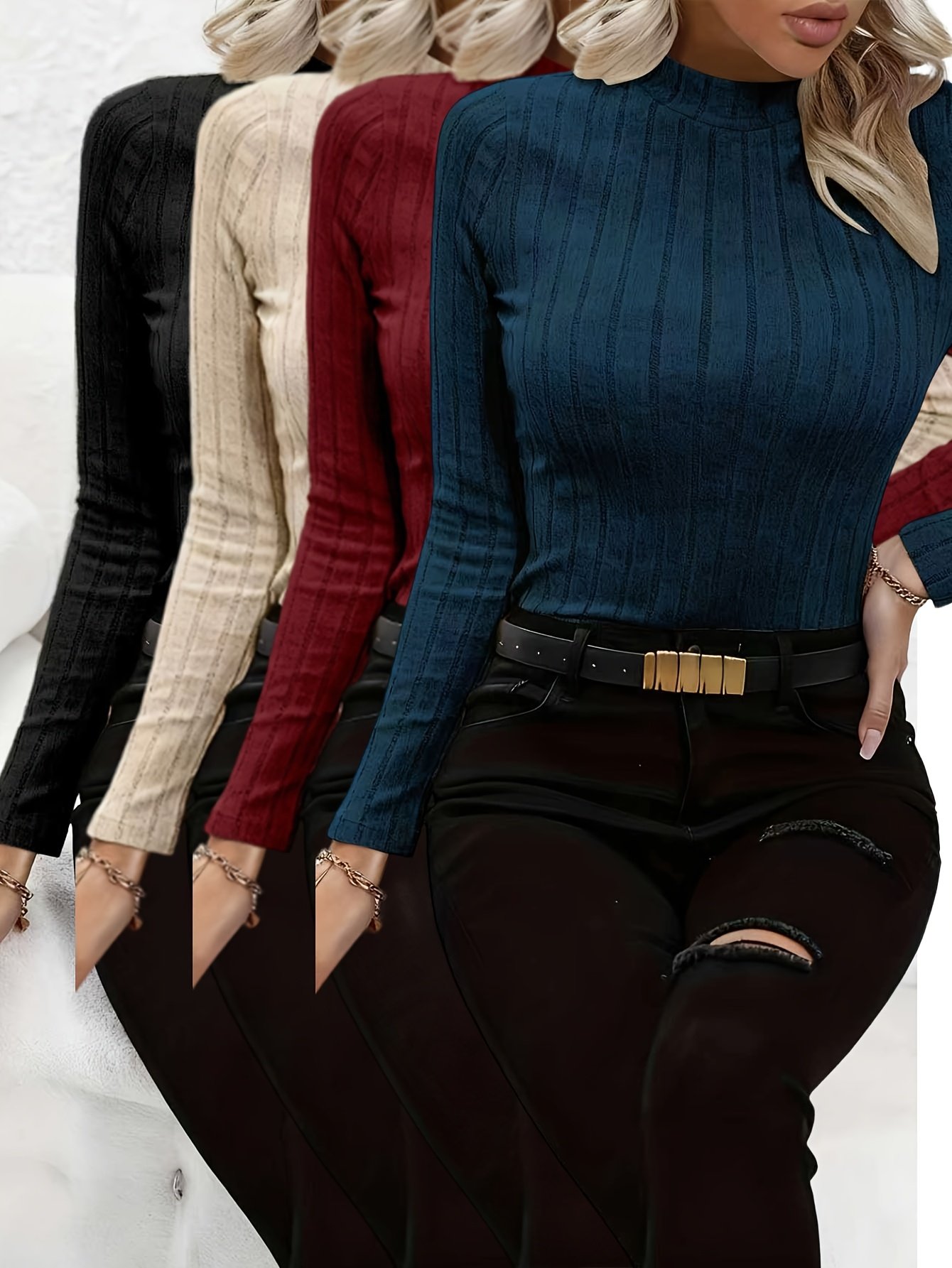 4-Pack Women's Slim Fit High Neck Long Sleeved T-Shirts - Elegant Ribbed Style