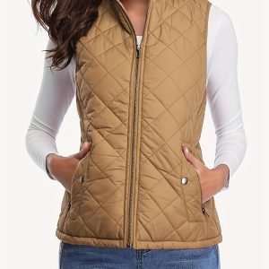 Lightweight Vest for Women Featuring a Stand-Up Collar, Stitching Details, And a Zippered Back