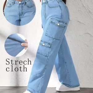 New Design 2025 Women's High-Waisted Cargo Jeans - Stretch Skinny-Fit Multi-Pocket Work Pants with Belt Loops & Button Closure, All-Season Straight-Leg Trousers for Casual & Professional Wear (Plus Size Available) Light Blue Durable Comfortable Ev