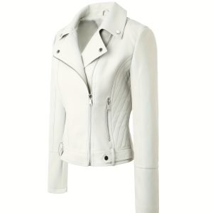 Faux Leather Zipper Jacket, Slim Fit Long Sleeve Street Style Motorcycle Coat, Suitable for Autumn And Spring, Women'S Clothing