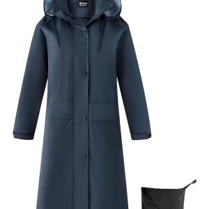 Ubon Women'S Waterproof Rain Coat Windproof Packable Lightweight Solid Color Rain Jacket Hiking Camping Outdoor Casual Work Windbreaker Detachable Hooded Multiple Pockets Full Zippers Long Female Raincoat