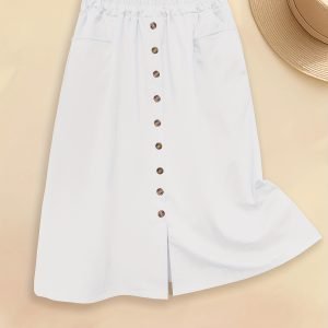 Plus Size Button-Front Midi Skirt - Loose Fit with Pockets