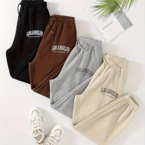 Women'S Casual Jogger Pants Set - "Los Angeles California" Print, Beige, Brown, Gray, Black, White, with Matching Sneakers and Palm Leaf Design, Allseason Wear|Cozy Joggers|Comfortable Fit