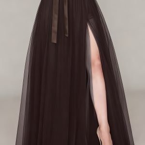 Elegant High-Waisted Tulle Maxi Skirt with Belt - Mesh A-Line Style