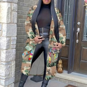 S390015 in Stock Wholesale Women'S Mid-Length Casual Fashion Western Camo Print Patchwork Jacket Military Coat