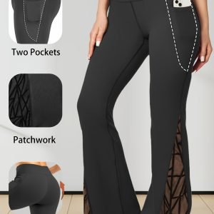 Women's Plus Size High-Waisted Flared Yoga Pants - Sporty Mesh Style