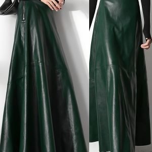 High-Waisted PU Leather Zipper Skirt - Elegant Full-Length Fashion
