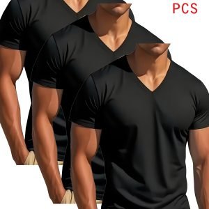 3pcs Men's Quick-Dry V-Neck T-Shirts - Breathable Short Sleeve Gym Shirts with Slim Fit, Stretch Fabric Suitable for, Training, Gym Workouts - Solid Color Athletic Tees (Spring Summer Fall)