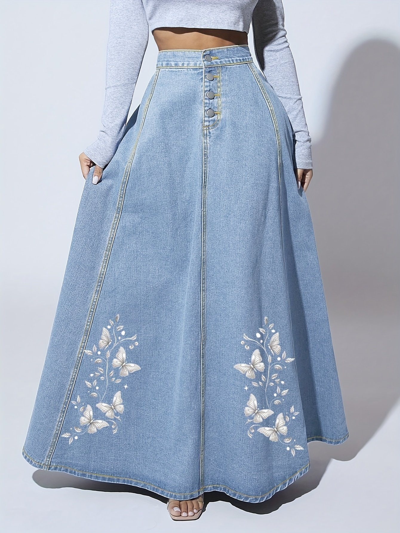 Floral Embroidered Denim Long Skirt View