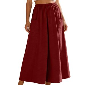 [Casual Solid Color Skirt] Women's Fashion Casual Solid Color Elastic Waist Loose Pocket Layered Ruffle Ankle Length Skirt Army Green Black Gray Light Blue Pink Purple Wine White L XXL M S XL