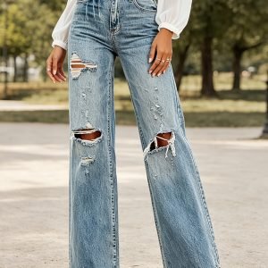 Women's New Streetwear Cool Ripped High-Waisted Straight-Leg Jeans