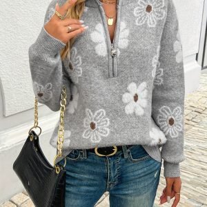 Women's Floral Half-Zip Pullover Sweater