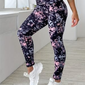 Plus Size Sports And Leisure, Ladies, Fashionable Trendy Design, Pocket Design, All-Over Graffiti Print, Outdoor Sports, Yoga Training, Daily Home Wear, Elastic, Comfortable Fabric Women'S Sports Slim Fit