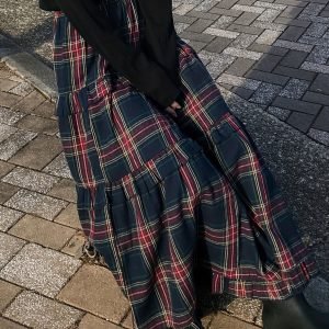 Plaid Ruched Ruffled Maxi Skirt - Elegant Casual Style
