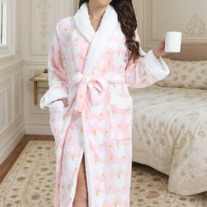25AW Home Wear Trendy Women's Plush Collar Star and Moon Print Mid-Length Robe with Belted Waistrobe Nightgown Loungewear