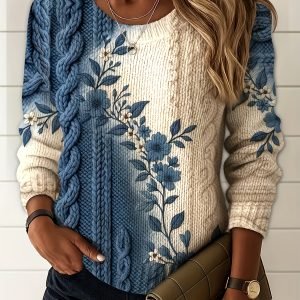 Women's Artistic Blue Ink Floral Sweater