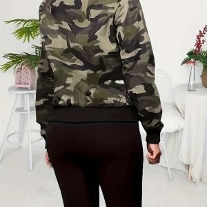 Women'S Casual Camouflage Jacket Long Sleeve Outwear, Back to Fashion Open Front Zipper Pockets Baseball Collar V Neck Long Sleeve Double-Breasted Coat, Windproof Outdoor Travel Motorcycle Apparel