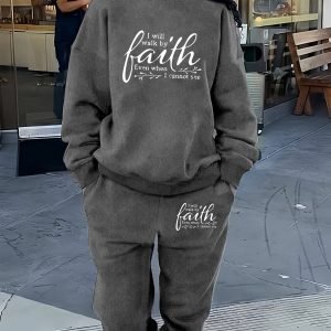 Women's Clothing - Two Piece Set - Crew Neck Sweatshirt & Pants - Letter Print