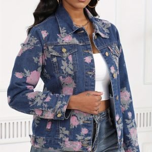 Long Sleeved • Denim Jacket • With Printed Flower • Denim Jacket For Women