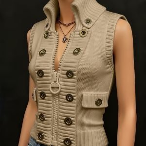 A Fitted Vest with a High Collar And Large Zipper, Decorated with Multiple Buttons, Suitable for Spring And Autumn As a Light Cardigan