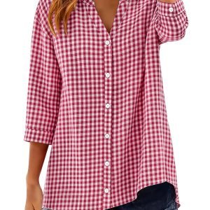 3/4 Sleeve Button Shirts for Women | Gingham Plaid Striped V-Neck Casual Loose Blouse, KTILG Brand