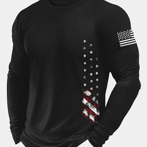 Men'S Casual Long Sleeve T-Shirt with American Flag & Peace Sign Print - Crew Neck, Slight Stretch, Geometric Pattern, Ideal for Fall, Casual Wear|Geometric Print Shirt|Slight Stretch Fabri