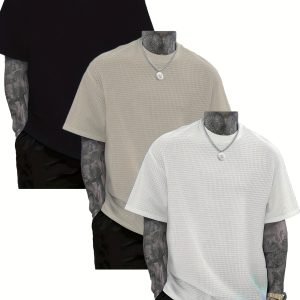 3pcs Pearson Selects Men's Waffle Texture Solid Color Short Sleeve T-Shirts - Round Neck Casual & Sportswear Tees, Machine Washable Solid Color Base for Spring/Fall Outdoor Daily Wear (Multi-Piece Value Pack) - Non- Shirts,