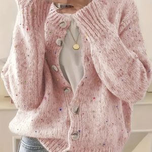 Elegant Women'S Stretch Camouflage Button Cardigan - High Elasticity Round Neck Sweater For Spring/autumn, With Decorative Buttons, Hand Washdry Clean, Casual To Formal Attire, Classic Women'S Sweater, High Elasticity Fabric Texture