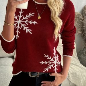 Women's Snowflake Round Neck Pullover Sweater - Festive Winter Knitwear Top