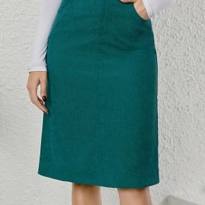 Vintage High Waist Corduroy Midi Skirt - Double Button Design